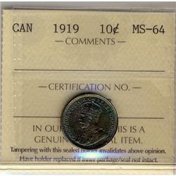 1919 10¢ ICCS MS64.  Toned with shades of blue and brow