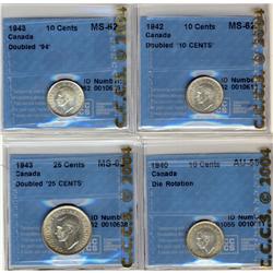 Lot of four VARIETY coins, all CCCS graded MS-62. 10¢ 1