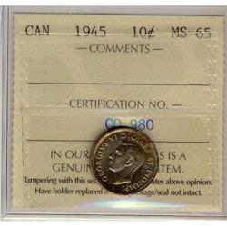 1945 10¢ ICCS MS65.  Another Gem example with golden to