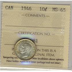 1946 10¢ ICCS MS65.  White and lustrous.