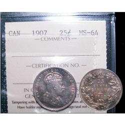 1907 25¢ ICCS MS64.  Attractive toning with full luster