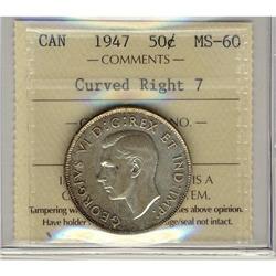 1947 50¢ Curved Right 7 ICCS MS60.