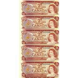 Lot of 5 consecutive numbered notes, 1974 $2 Law-