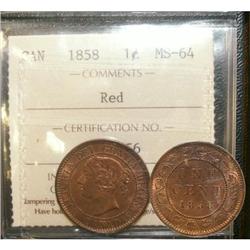 1858 1¢ ICCS MS-64 Red, a lovely example with per