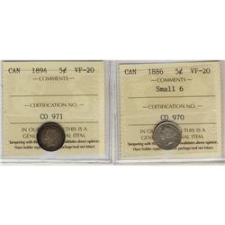 1886 Sml 6 & 1894 5¢.  Lot of 2 coins both ICCS V