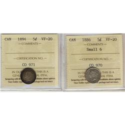 1886 Sml 6 & 1894 5¢.  Lot of 2 coins both ICCS V