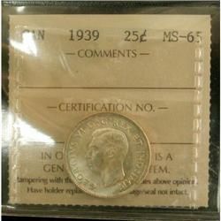 1939 25¢ ICCS MS65, No toning and full lustre