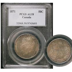 1871 50¢ PCGS AU-58  Toned with lots of luster.  