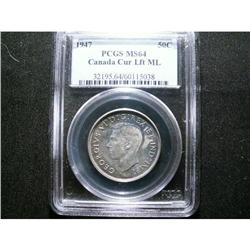 1947 Maple leaf, left  50¢  PCGS MS64PQ.  Superb 