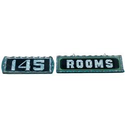 Lot Of 2 Small Scalloped Edge Glass Signs; Rooms 12"x3-