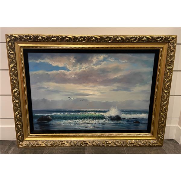 Seascape with Purple Sky and Seagulls" by Violet Parkhurst: Oil on canvas, 1970s. Signed