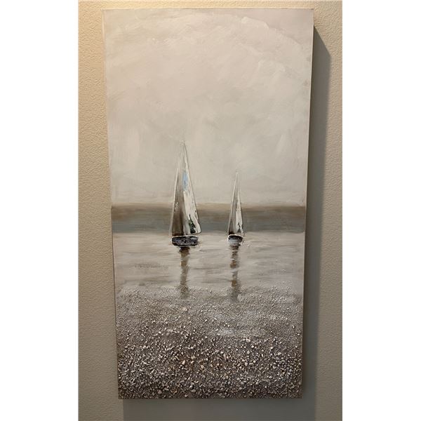 MODERN CANVAS PAINTING SILVER WHITE TONES WITH RAISED SAILBOAT