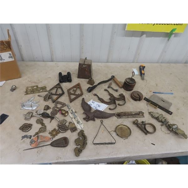 Vintage Cast Door Handles, Hooks, Pulley Latches, Scale Weights, Bells, Bottle Opener Plus
