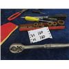 Image 2 : Snap On 1/2" Ratchet, 3/8" Sockets, Screwdrivers, Blue Point Snap Ring Pliers, MAC Welding Hat