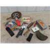Image 1 : Metal 1st Aid Kit, Metal Fly Fishing Kreel, Hanson Brass 50LB Scale, Utility Tool, Wooden Floats Plu