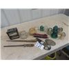 Image 1 : 2 Railway Lantern Glass, Insulators, Volt Tester Brass Construction Plate Plus More