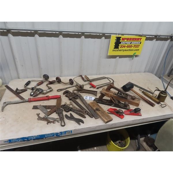 Old Tools, Planers, Brass Drills, Nail Puller, Wrenches, Saws, Oil Cans Plus