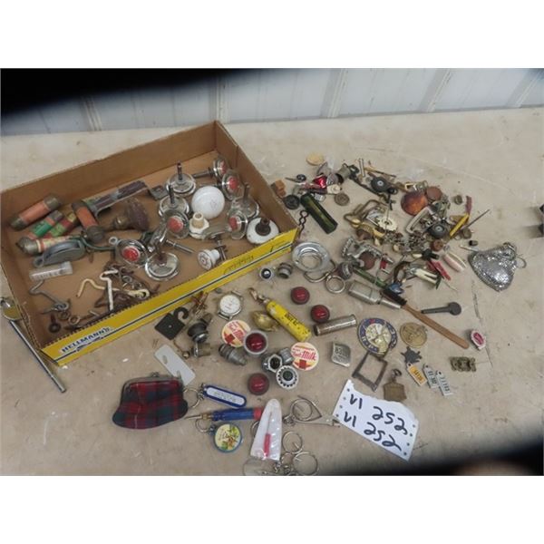 Variety of Small, War Amps Tags, Chauffer Badge, 1926 Dog  Tag, Door Hardware , Knobs, Hooks, & Lots