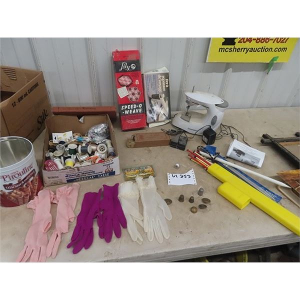 Dressmakeras Sewing Machine, Speed O Weave, Knitting Needles, Sewing Notions, Thimbles, & Vintage La