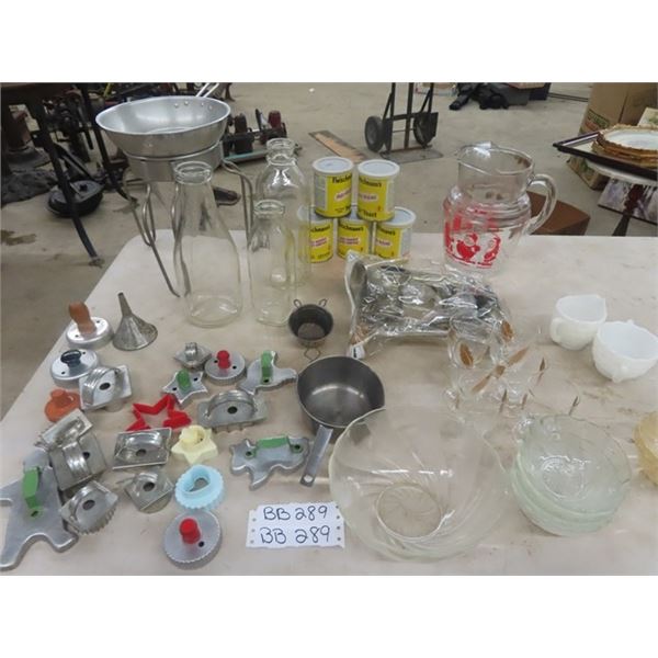Vintage Kitchenware, Cookie Cutters, Milk Bottles, Strainer, Meat Grinder, Glasses, Milk Glass & Mor