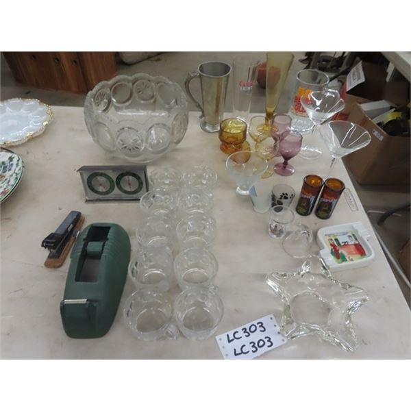 Bar Items, Punch Bowl, Shot Glass, Ashtrays, Vintage Tape Dispenser, Stapler & Barometer