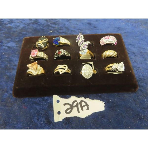 12 New High Qual Fashion Rings in Display Case-Various Sizes - Good for Resale