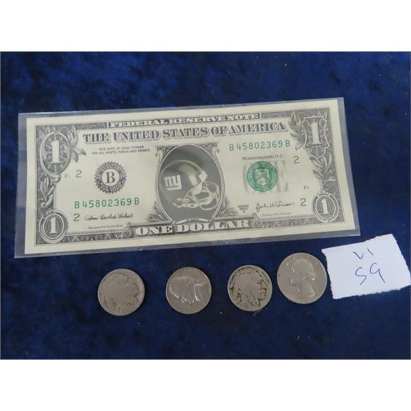 USA Coins - 1965 Quarter, 2- 1935 Nickles, 1969 Nicklle, 2003 USA $1 Bill , & NY Football Helmet