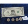 Image 1 : USA Coins - 1965 Quarter, 2- 1935 Nickles, 1969 Nicklle, 2003 USA $1 Bill , & NY Football Helmet