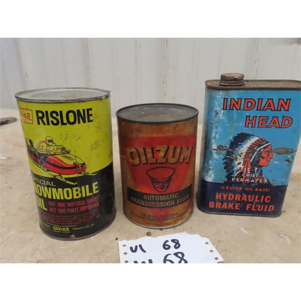 3 Oil Cans - Rislone Snowmobile Oil, Oil Zum Transmission Oil, Indian Head Hyd/Brake Fluid