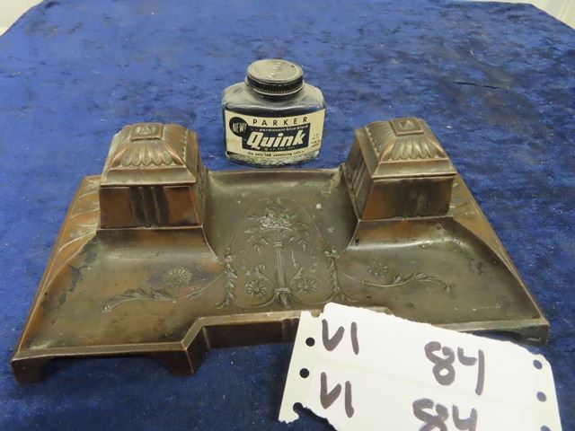 Victorian Ink Well Ink In Victorian Ink Well Brass w Detailing- 2 Wells