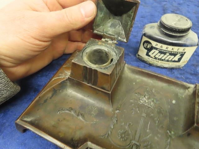 Victorian Ink Well Ink In Victorian Ink Well Brass w Detailing- 2 Wells