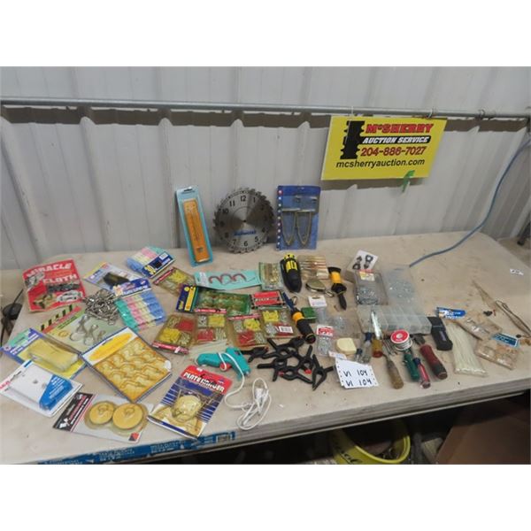 Hardware, Snaps, Hooks, Screws, Clamps, Nut Driver, Screwdrivers, Various Tools, Glue Gun, Mouse Tra