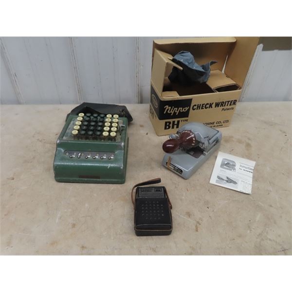 Bell Punch Company Adding Machine, Nippo New Old Strock Cheque Printing Machine w Box, & Mastercraft