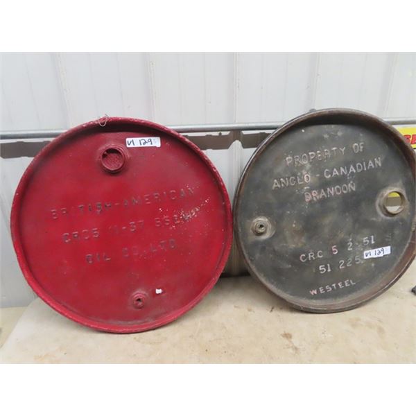 2 Barrel Top Metal Embossed Signs 1) British American 1) Anglo - Both are 22" RD