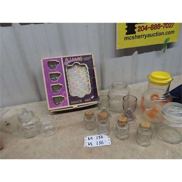 New Old Stock Carnival Glass, Snack Set, Plus Cannisters, Juice Pitcher