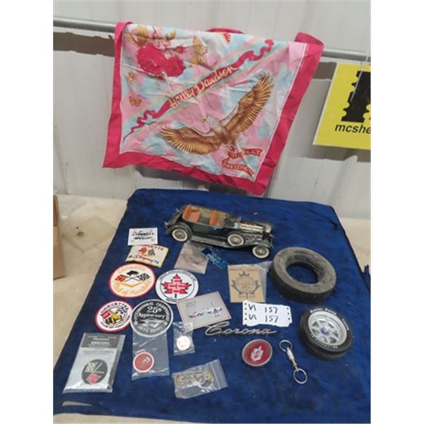 Corvette Club Patchers & Pins, Tire Ashtray & Clock, Auto Emblems, Harley Hanky Plus