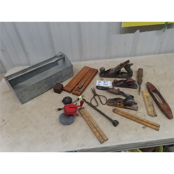 Old Tools - 4 Wood Planers, Folding Rulers, Metal Tool Box Plus More!