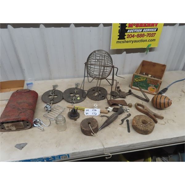 Vintage Hand Crank Bingo Machine, Vintage Odds & Ends for Repurpose, Soup Dish , Foot Warmer Plus