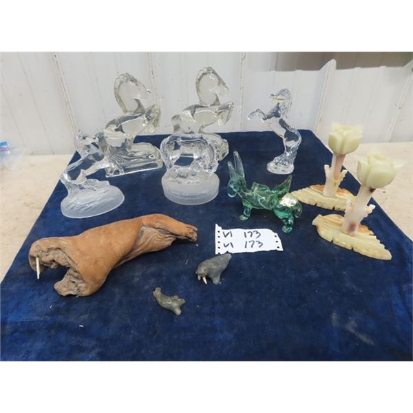 Crystal/ Glass horse Ornaments, Alabaster Candle Holders, Driftwood & Soapstone Walrus