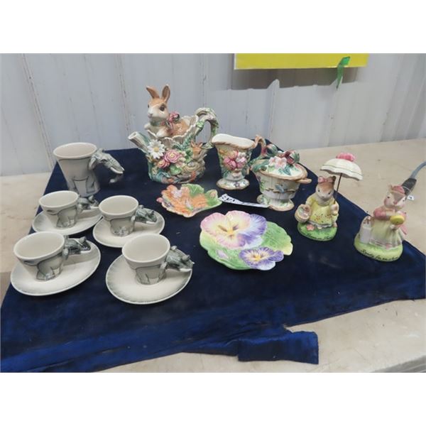 Charactrer Rabbit Tea Set, Elephant C & S, 2 Avon Precious Moments Rabbit Ornaments