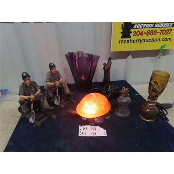 Beautiful Purple Glass Vases, Mini Coal Oil Lamps, Miner Ornaments, Turtle Lamp