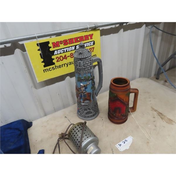2 Large Steins, Tallest is 19", & Retro Hanging Heater
