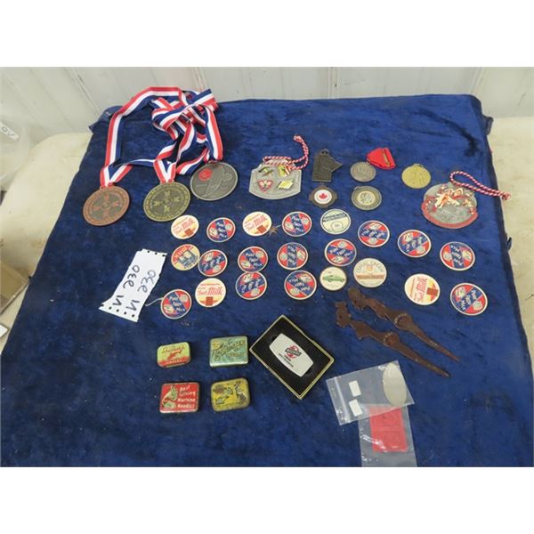 3 Gramophone Tins of Needles, Milk Bottle Cappers, Sports Medallions