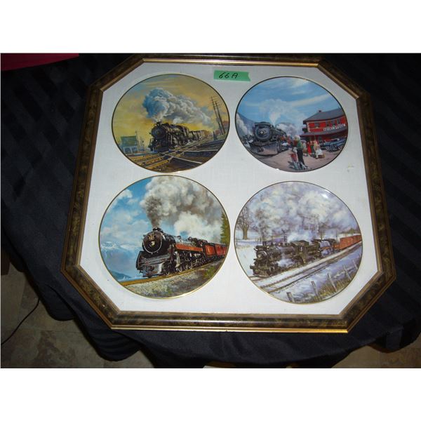 Set of 4 Collectible Train Plates Mounted in Nice Display Frame
