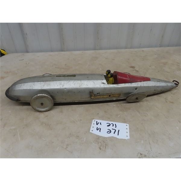 Silver Bullet Pressed Metal Race Car w 2 Men 26" Long- Vintage