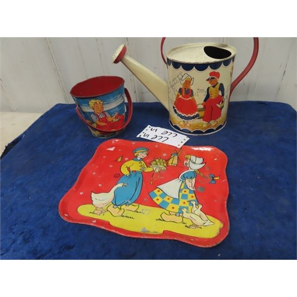 Metal Sand Toys, Watering Pail, Bucket w Handle Tray 8" x 10"