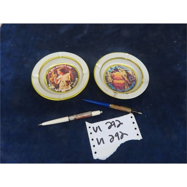 2 Ashtrays w Full Body Nude Ladies w Slogans & 2 Motion Bathing Suit/Nude Pens