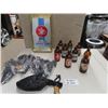 Image 1 : Plastic Anheuser Busch Sign 17" - 9 Vintage Stubby Beer Bottles, 7 Leather Biker Headcaps