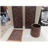 Image 1 : 3 Vintage Wooden Embossed Plaques , Vintabe Ceramic Cookie Jar- No Lid- Good for Utensil Holder