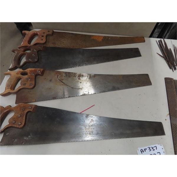 6 Vintage Saws, 12 Files, Mitre Saw & Meat Saw